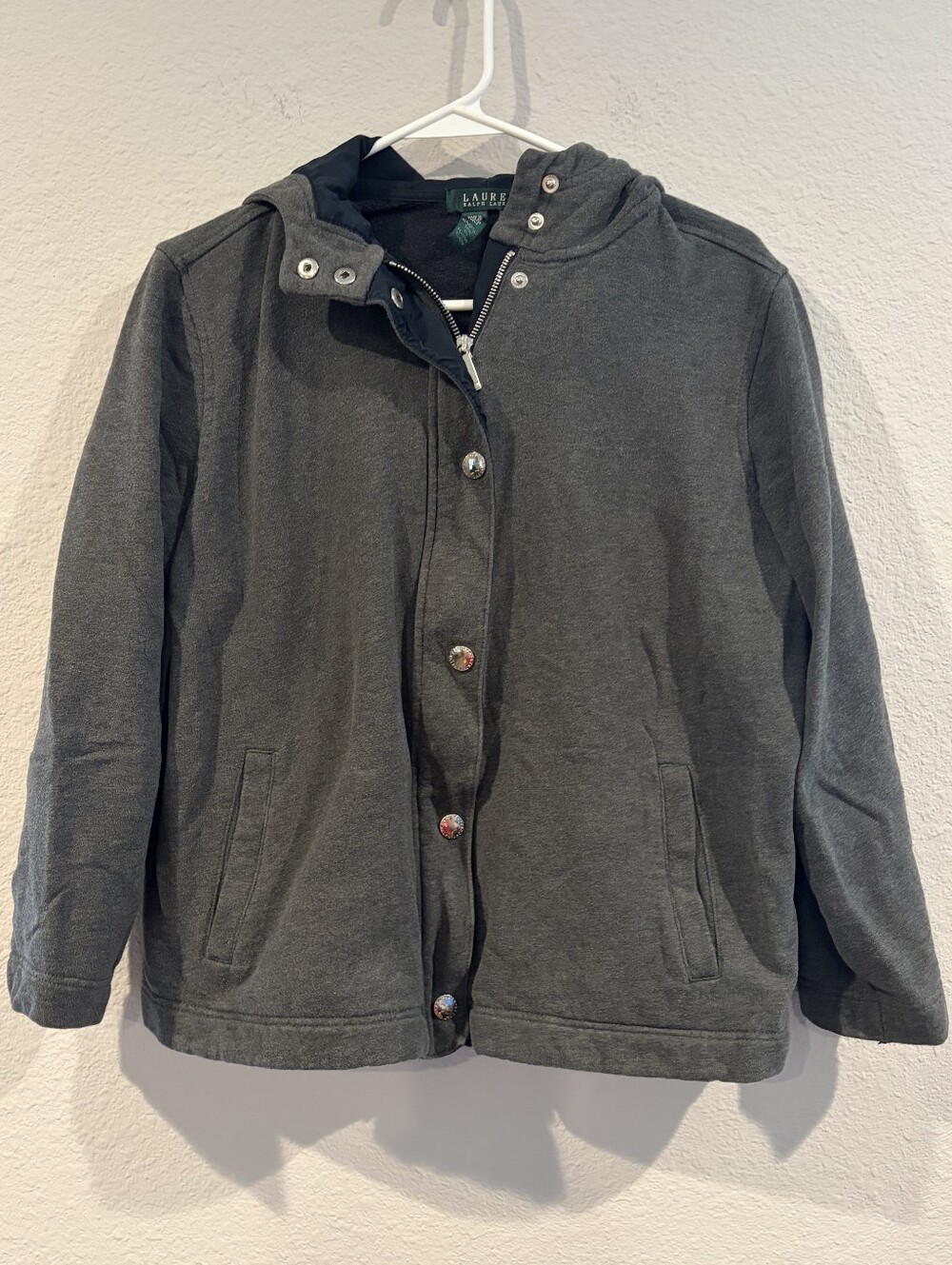Lauren Ralph Lauren Womens Grey Button Up Boxy Hoodie Sweatshirt Jacket Size 1X